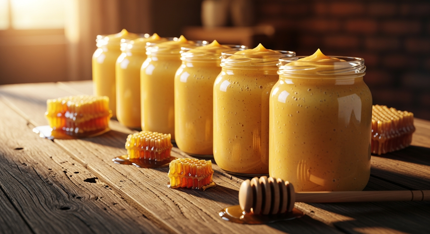 Jars of glowing creamed honey